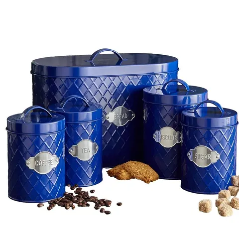 BOXED NEO COPPER EMBOSSED 5 PIECE KITCHEN CANNISTER SET - NAVY BLUE (1 BOX)