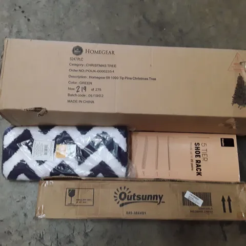 PALLET TO CONTAIN AN ASSORTMENT OF HOUSEHOLD ITEMS TO INCLUDE CHRISTMAS TREE, BATH MATTS AND SHOE RACKS ECT
