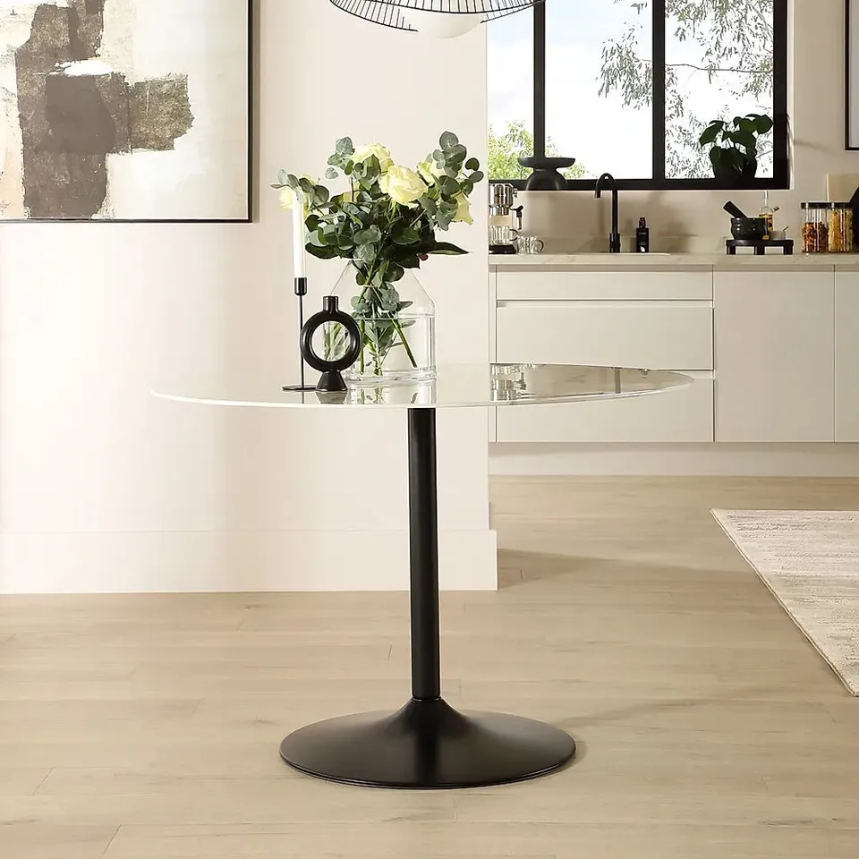 BOXED ORBIT ROUND DINING TABLE, 110CM, WHITE MARBLE EFFECT & BLACK STEEL (3 BOXES)