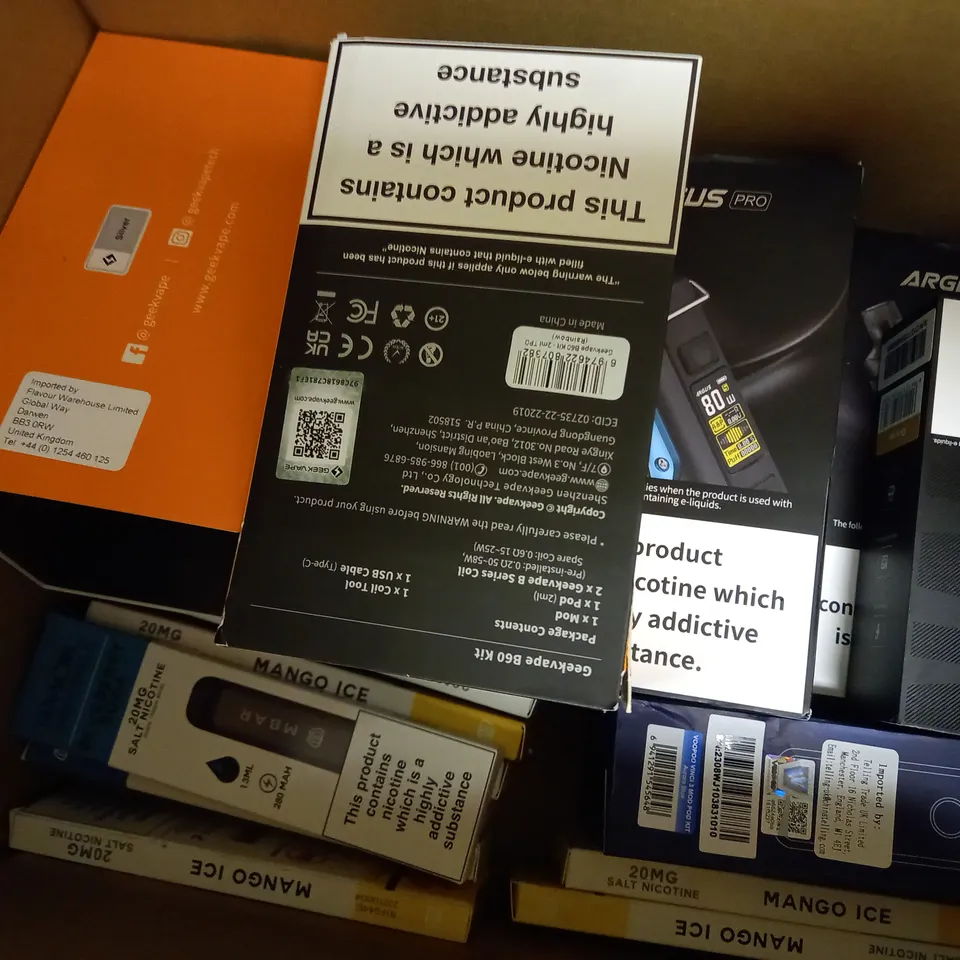 APPROXIMATELY 20 ASSORTED BOXED VAPING PRODUCTS TO INCLUDE GEEKVAPE L200, VOOPOO ARGUS PRO, VOOPOO ARGUS POD ETC.