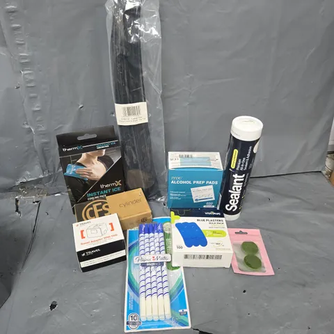APPROXIMATELY 20 ASSORTED HOUSEHOLD ITEMS TO INCLUDE ALCOHOL PREP PADS, TRAVEL ADAPTOR WITH USB, THERMX INSTANT ICE COOLING PACK, ETC