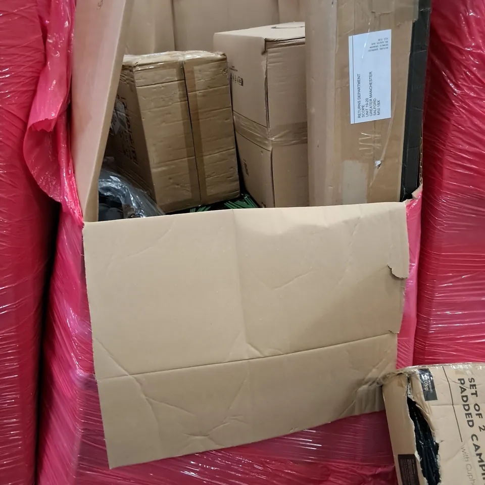 PALLET OF ASSORTED HOUSEHOLD ITEMS TO INCLUDE PADDED CAMPING CHAIRS, STEEL TRASH CAN SET AND GARMENT RACK