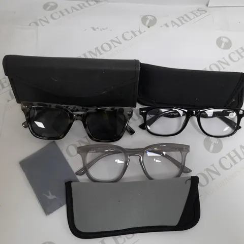 1 PAIR OF SUNGLASSES AND 2 PAIRS OF READING GLASSES GREY MIX
