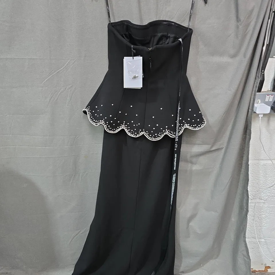 CLUB L LONDON ROBIN BLACK EMBELLISHED STRAPLESS CORSET MAXI DRESS – UK 8