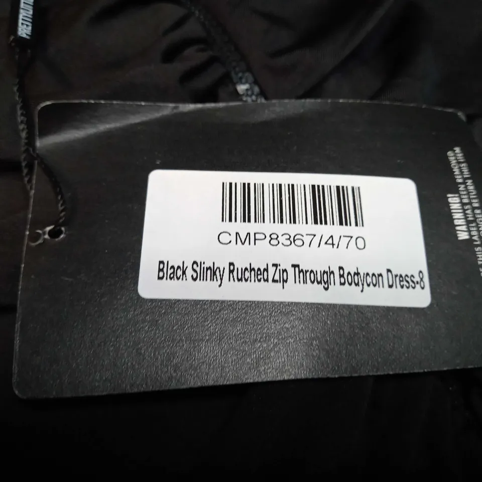 PLT BLACK SLINKY RUCHED ZIP THROUGH BODYCON DRESS - SIZE 8