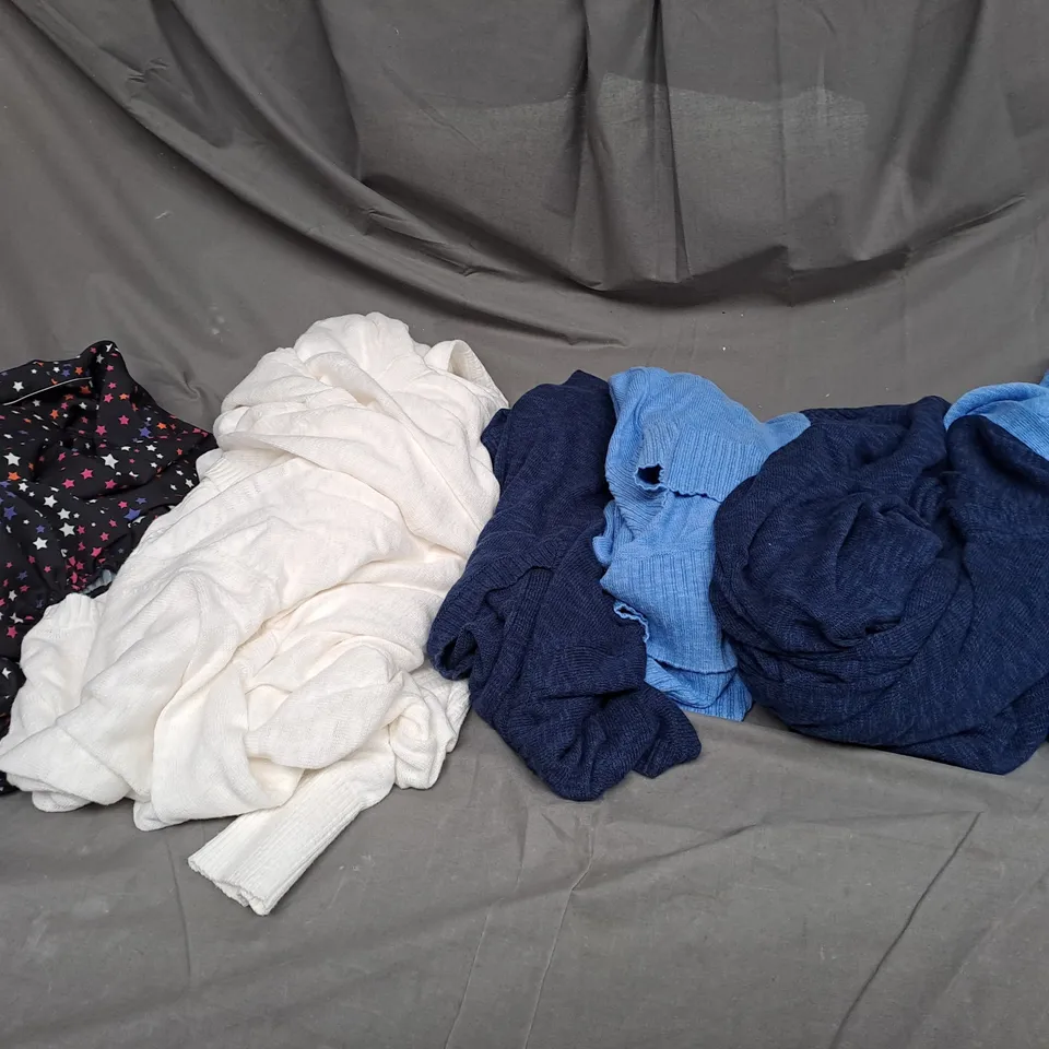 BOX OF ASSORTED CLOTHING ITEMS TOO INCLUDE COATS , TOPS, AND TROUSERS ETC.