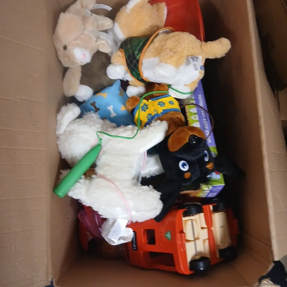 BOX OF APPROXIMATELY 14 ASSORTED TOYS TO INCLUDE: ELC HOP ALONG RABBIT 