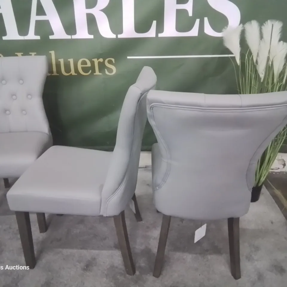 SET FOUR BEWLEY LIGHT GREY LEATHER BUTTONED BACK DINING CHAIRS GREY LEGS 
