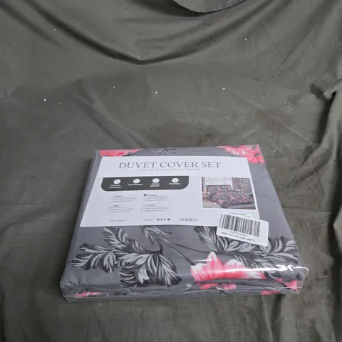 DUVET COVER SET – FLORAL GREY WITH PINK FLOWERS, 100% MICROFIBER DOUBLE BED SIZE .
