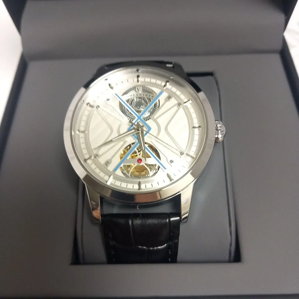 MENS VONLANTHEN AUTOMATIC WATCH – SILVER AND BLUE TEXTURED DIAL - GLASS EXHIBITION BACKCASE – BLACK LEATHER STRAP