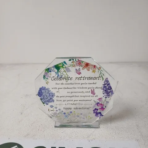 CELEBRATE RETIREMENT CRYSTAL ORNAMENT WITH FLORAL BORDER