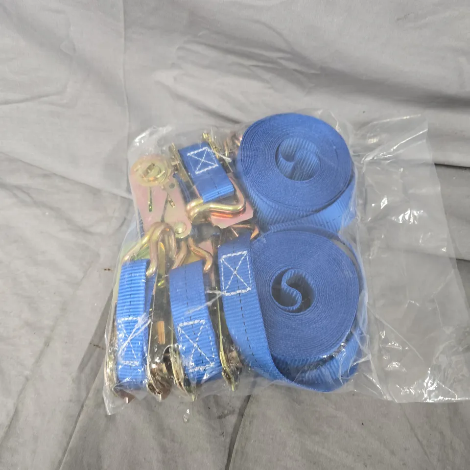 BLUE RATCHET TIE-DOWN STRAPS WITH HOOKS 