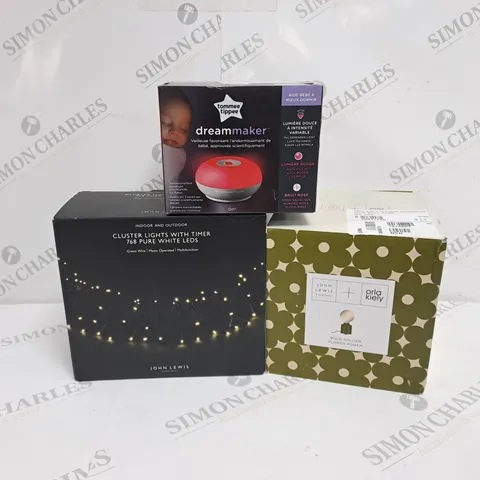 APPROXIMATELY 10 ASSORTED PRODUCTS TO INLCUDE JOHN LEWIS BULB HOLDER, TOMMEE TIPPEE DREAMMAKER, JOHN LEWIS CLUSTER LIGHTS