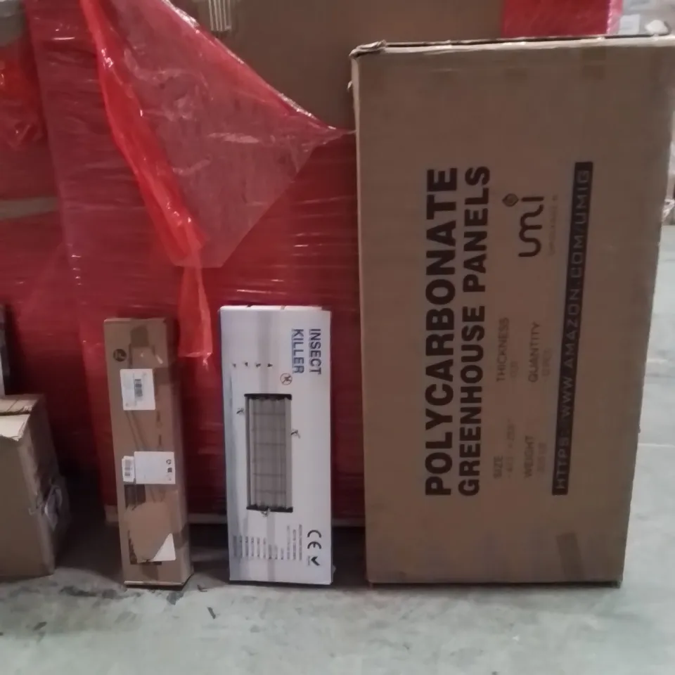 PALLET OF ASSORTED HOUSEHOLD GOODS AND PRODUCTS TO INCLUDE;FLOATING SHELVES,KILLER INSECT,GREENHOUSE PANELS 