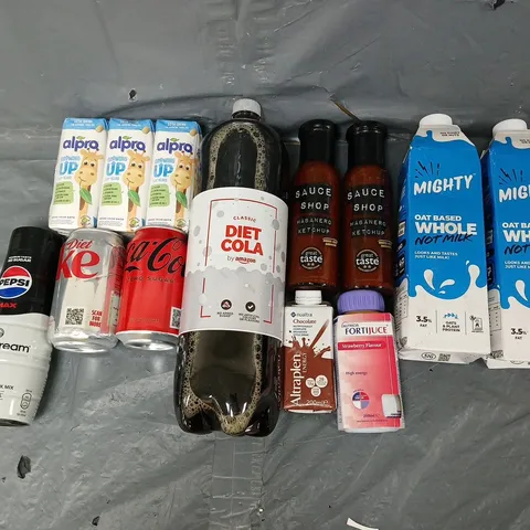 TOTE OF APPROXIMATELY 10 ASSORTED DRINKS ITEMS TO INCLUDE - DIET COKE, MIGHTY WHOLE NOT MILK, AND PEPSI SODASTREAM ETC.