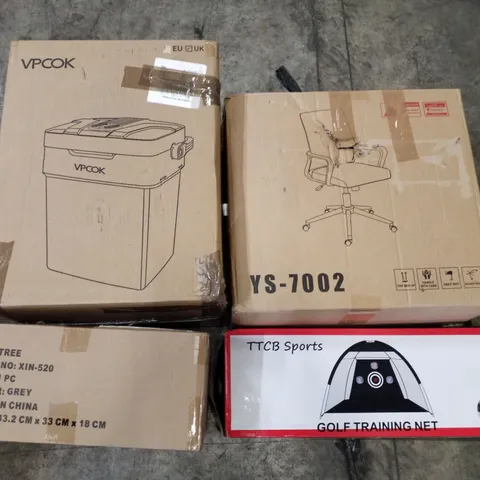 PALLET OF ASSORTED PRODUCTS INCLUDING OFFICE CHAIR, GOLF TRAINING NET, CAT TREE, COOL BOX , CAMPING CHAIR
