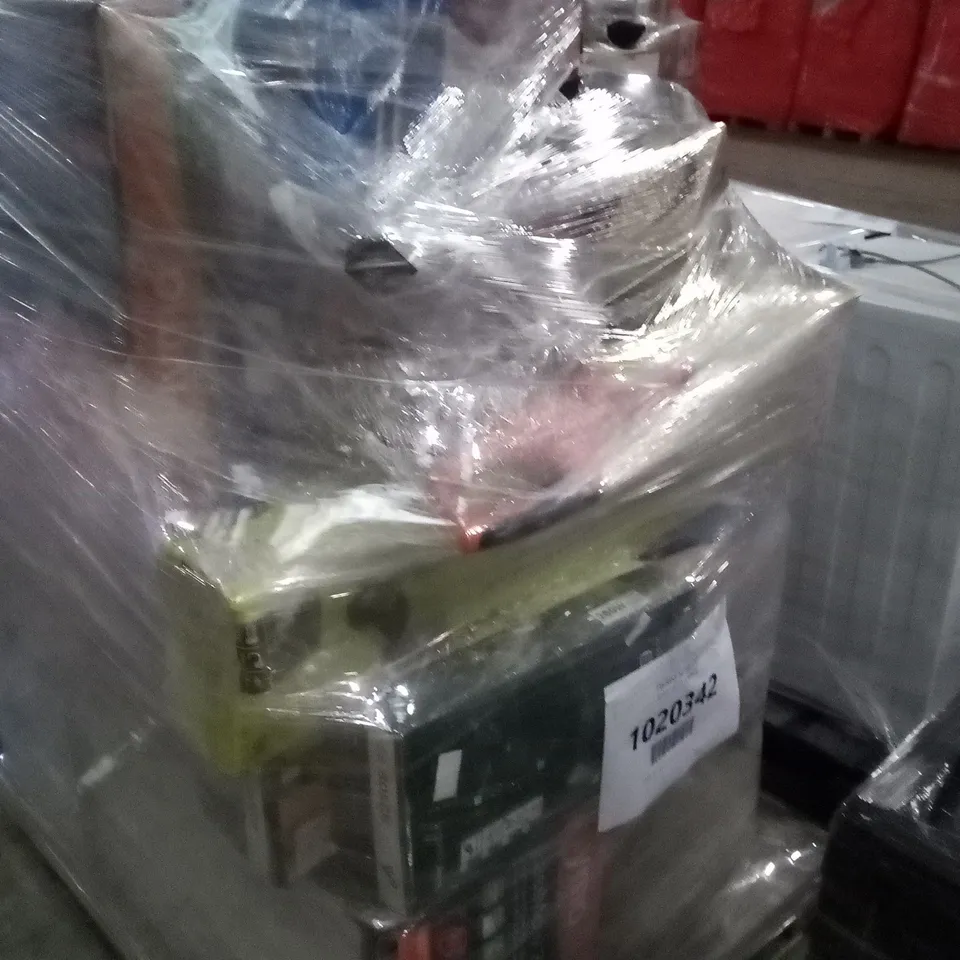 PALLET OF APPROXIMATELY 20 ASSORTED ELECTRICAL ITEMS TO INCLUDE LAWNMOWERS, TRIMMERS , CHAINSAWS , ETC 
