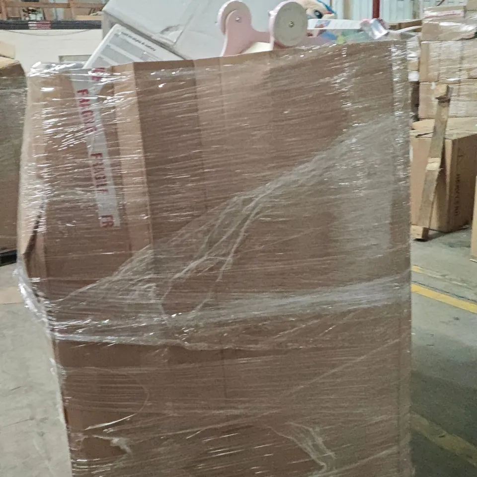 PALLET OF ASSORTED HOUSEHOLD GOODS AND PRODUCTS TO INCLUDE; BOOSTER SEAT,CAR SEAT,LEGO BATMAN,TRASH CAN,TWIST AND WALK,PANS