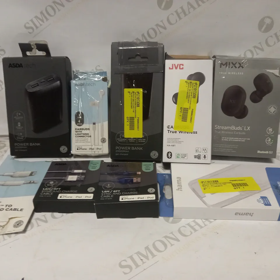 BOX TO CONTAIN APPROX. 20 ASSORTED TECH PRODUCTS, INCLUDES POWER BANK, CHARGING CABLES, EARPHONES, PHONE CASE ETC 