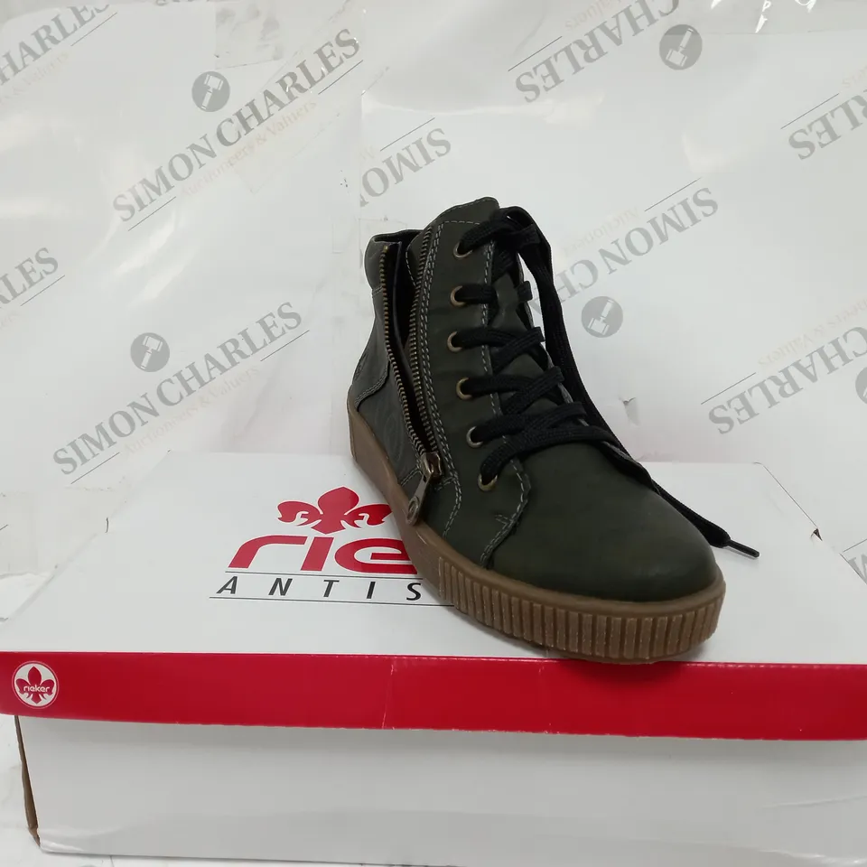 RIEKER HIGH TOP CUFFED TRAINER - KHAKI SIZE 6 1/2 - BOXED