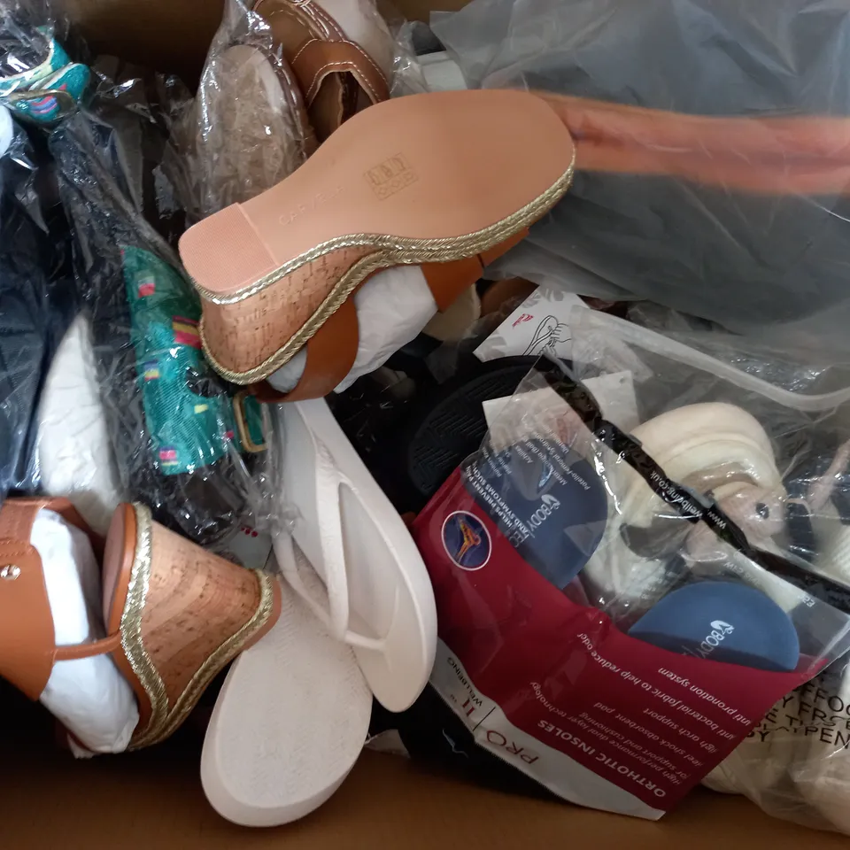 BOX OF APPROXIMATELY 15 ASSORTED PAIRS OF SHOES AND FOOTWEAR ITEMS IN VARIOUS COLOURS, STYLES, AND SIZES - COLLECTION ONLY