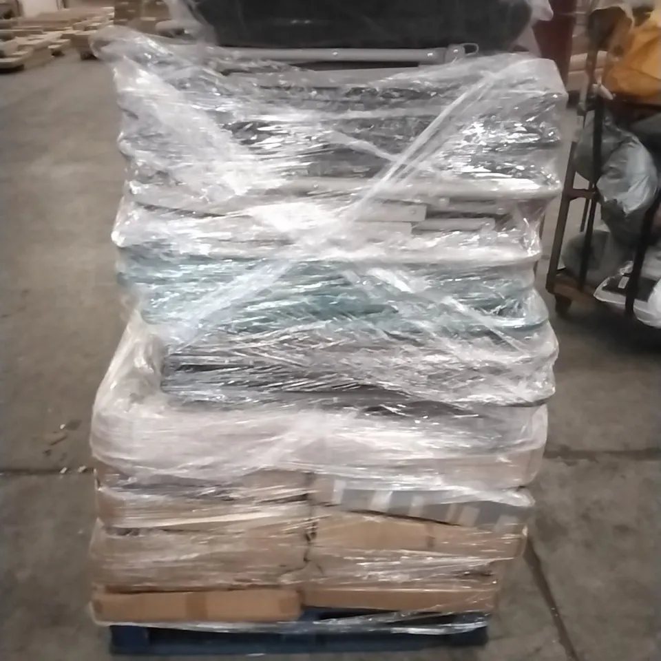 A PALLET CONTAINING A LARGE QUANTITY OF ASSORTED HOUSEHOLD GOODS WHICH INCLUDE; PARASOL BASES,FOLDING CHAIRS, SUITCASE ETC 