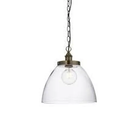 BOXED ENDON 1 LIGHT PENDANT ANTIQUE BRASS PLATE & CLEAR GLASS