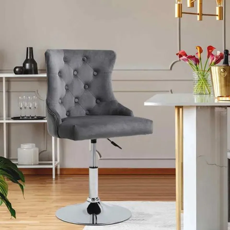 BOXED LIVING AND HOME MODERN VELVET UPHOLSTERED ADJUSTABLE BAR STOOL WITH POLISHED CHROME BASE GREY