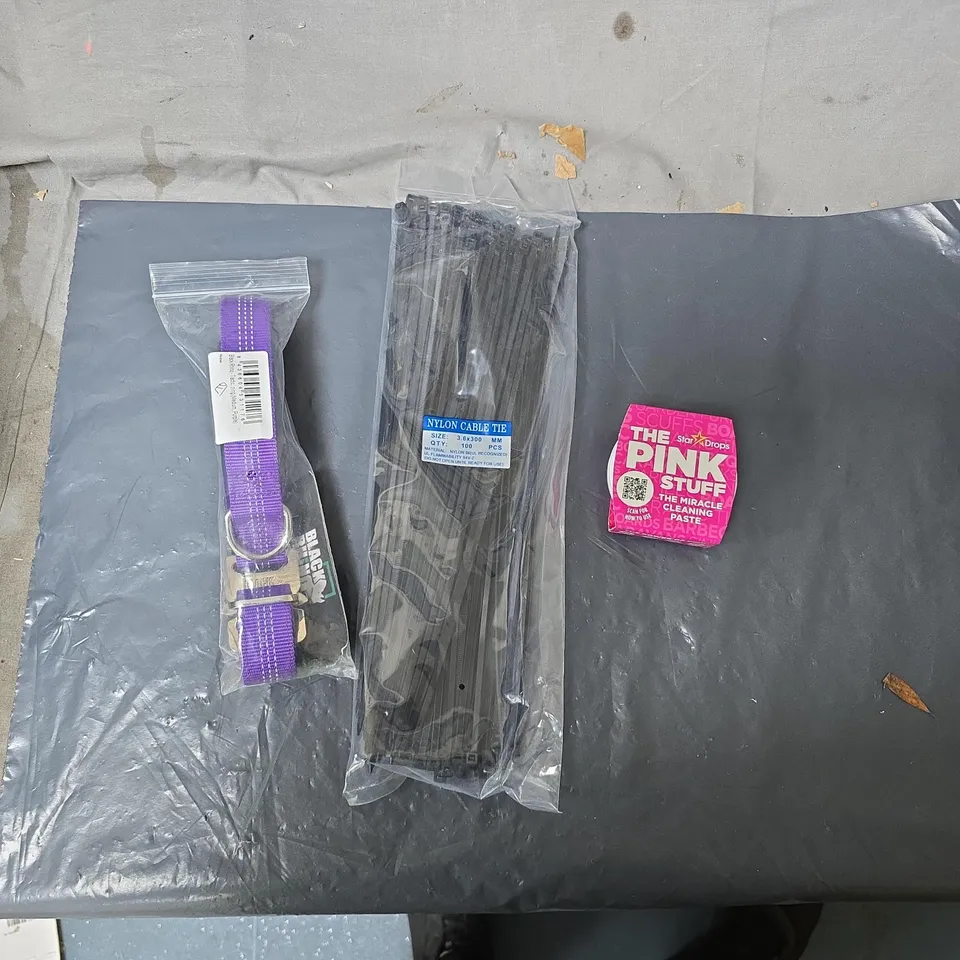 APPROXIMATELY 10 ASSORTED HOUSEHOLD ITEMS TO INCLUDE THE PINK STUFF, TIE WRAPS & BLACK RHINO PET COLLAR ETC