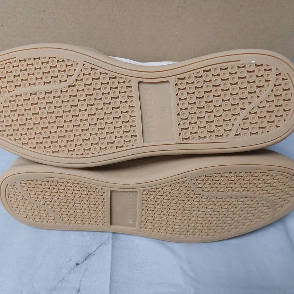 boxed pair of shoon ember suede slim sole trainers in beige - 40