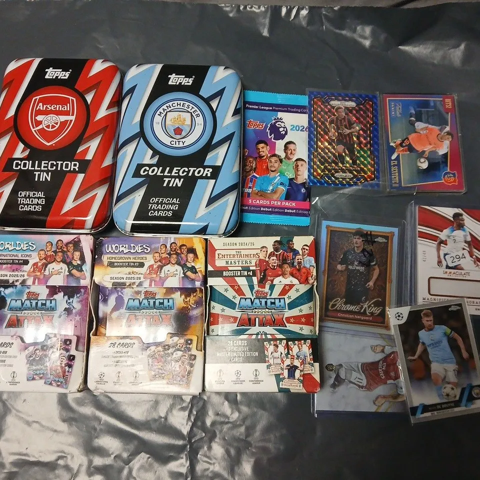 PREMIER LEAGUE FOOTBALL TRADING CARDS LOT – TOPPS COLLECTOR TINS (ARSENAL & MAN CITY) WITH MATCH ATTAX PACKS AND MAGNIFICENT MEMORABILIA CARDS