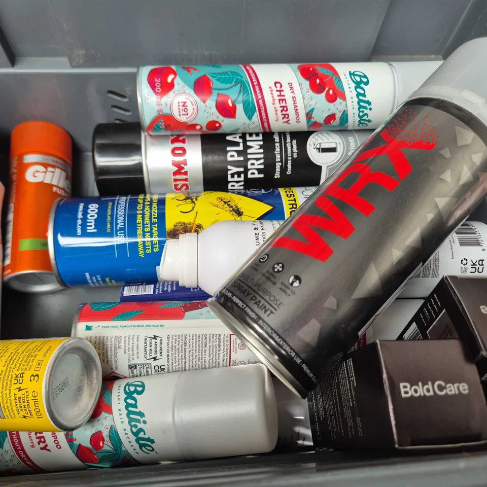 APPROXIMATELY 15 ASSORTED AEROSOLS TO INCLUDE WRX , SPRAY PAINT AND DRY SHAMPOO