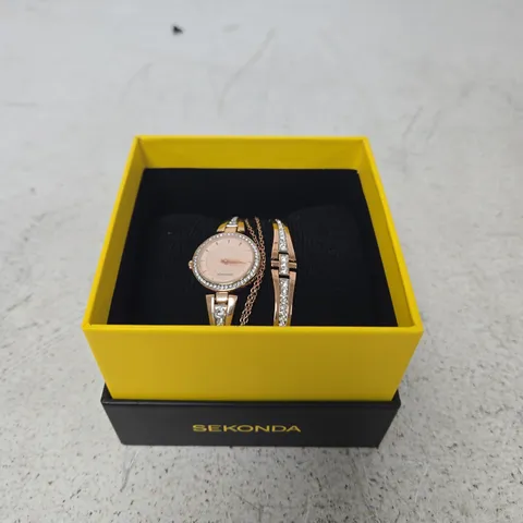 SEKONDA LADIES' ROSE GOLD TONE WRISTWATCH & BRACELET SET WITH CRYSTAL BEZEL