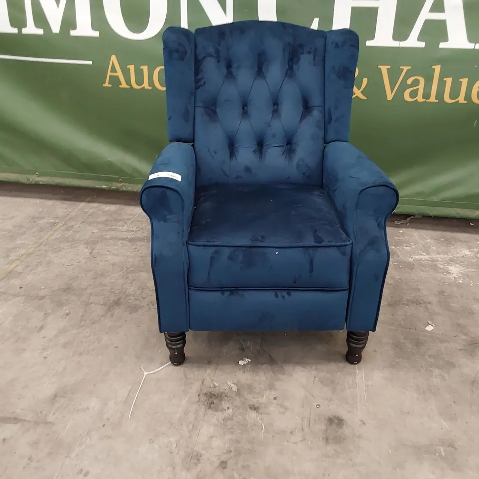 QUALITY DESIGNER PUSH BACK RECLINING EASY CHAIR BUTTON BACK BLUE PLUSH FABRIC 