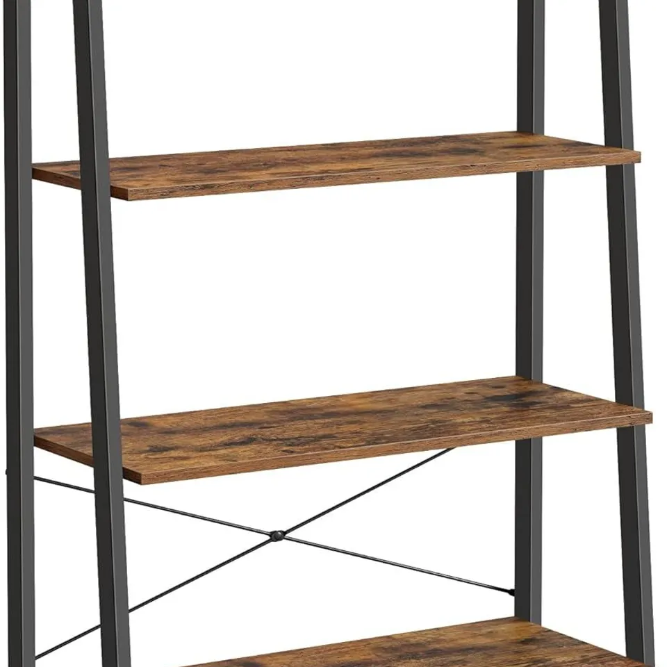 BOXED VASAGLE LADDER SHELF, 4-TIER BOOKSHELF, BOOKCASE, FOR LIVING ROOM, BEDROOM, KITCHEN, HOME OFFICE, INDUSTRIAL STYLE, STEEL FRAME, RUSTIC BROWN AND BLACK