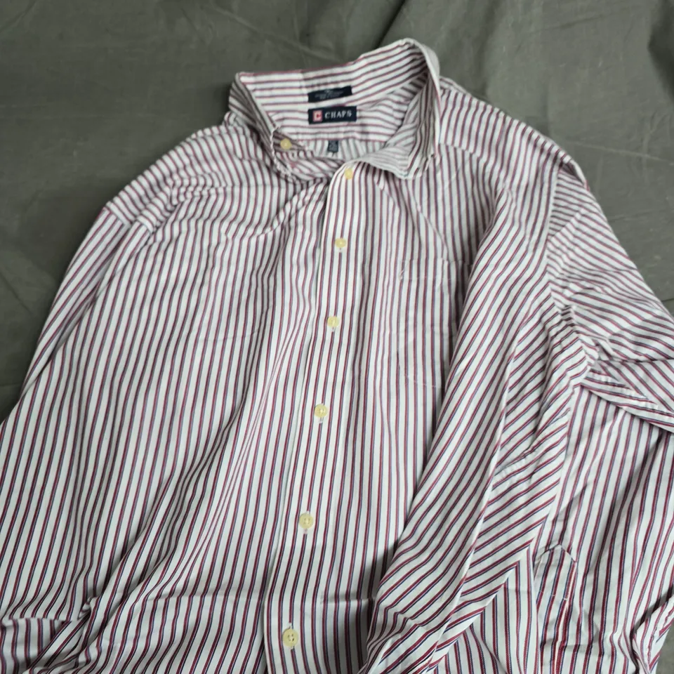 CHAPS WRINKLE-FREE STRIPED SHIRT – WHITE WITH RED & NAVY, UK 18-18½ (34/35), XL
