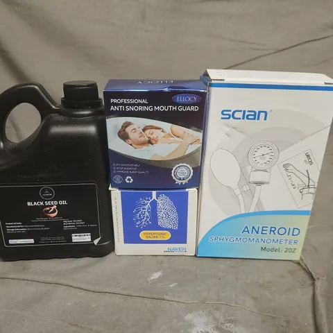 APPROX 10 ASSORTED ITEMS TO INCLUDE -: ANEROID SPHYGMOMANOMETER, ANTI-SNORING MOUTH GUARD, HYPERTONIC SALINE & BLACK SEED OIL (VERIFY MODEL)