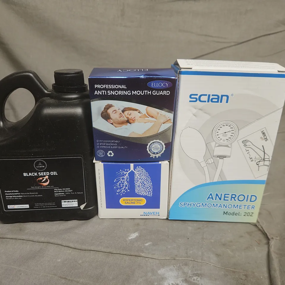 APPROX 10 ASSORTED ITEMS TO INCLUDE -: ANEROID SPHYGMOMANOMETER, ANTI-SNORING MOUTH GUARD, HYPERTONIC SALINE & BLACK SEED OIL (VERIFY MODEL)