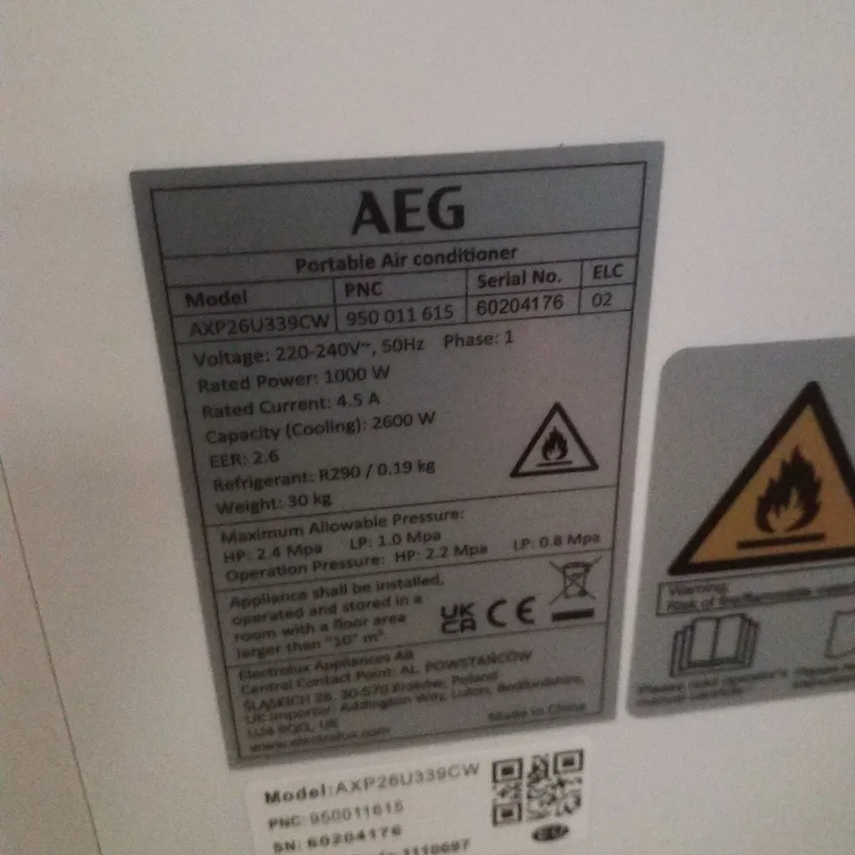 AEG AXP26U339CW PORTABLE AIR CONDITIONER 64 DB WHITE