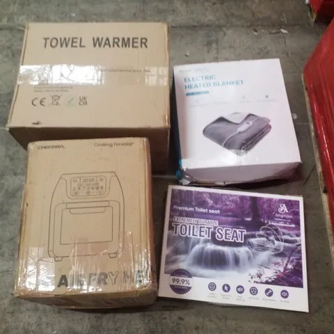 PALLET CONTAINING ASSORTED PRODUCTS INCLUDING ELECTRIC HEATED BLANKET, TOILET SEAT, AIR FRYER & TOWEL WARMER