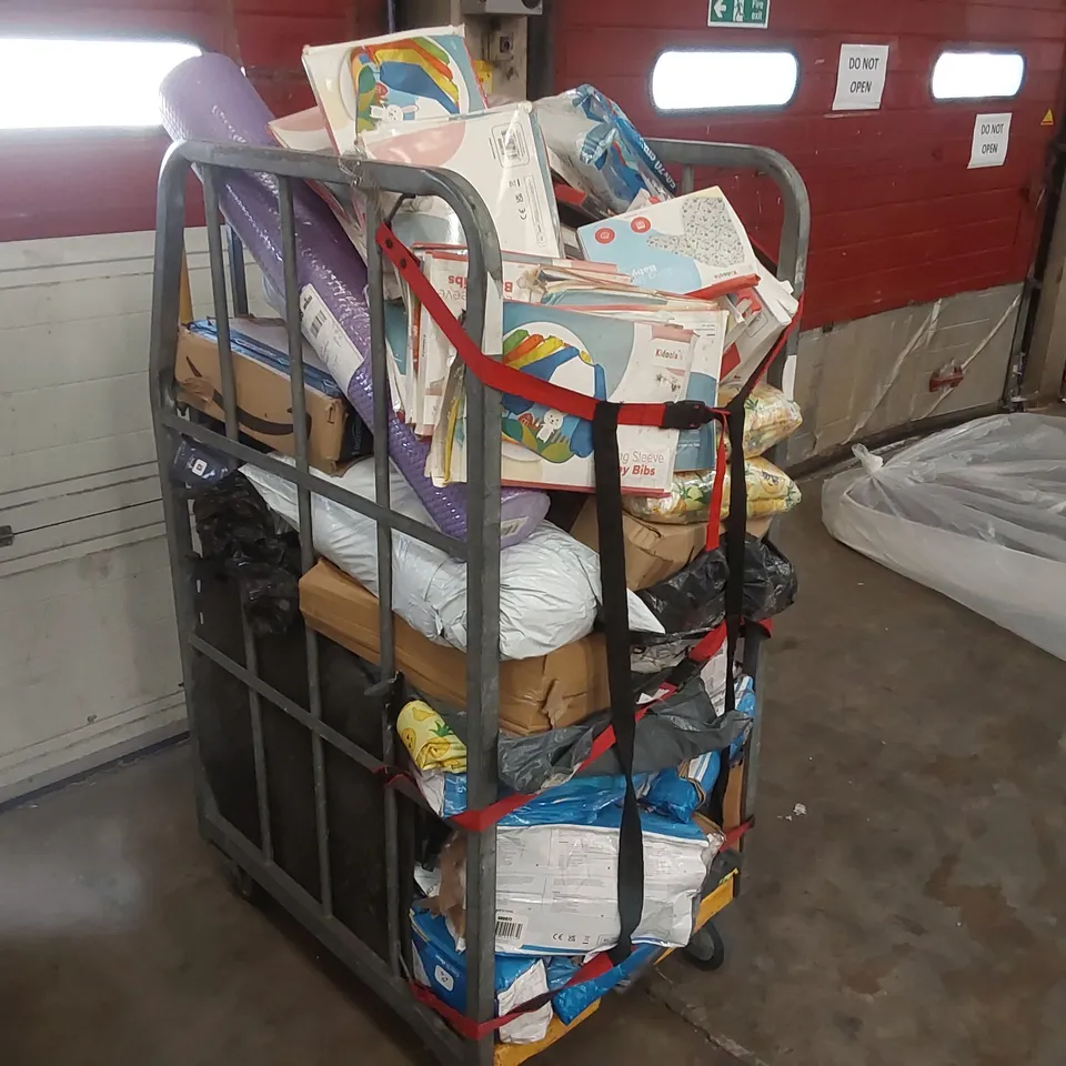 CAGE OF ASSORTED CONSUMER PRODUCTS INCLUDING: BABY BIBS, PET COOLING MATS, FOAM ROLLER ECT // CAGE NOT INCLUDED 
