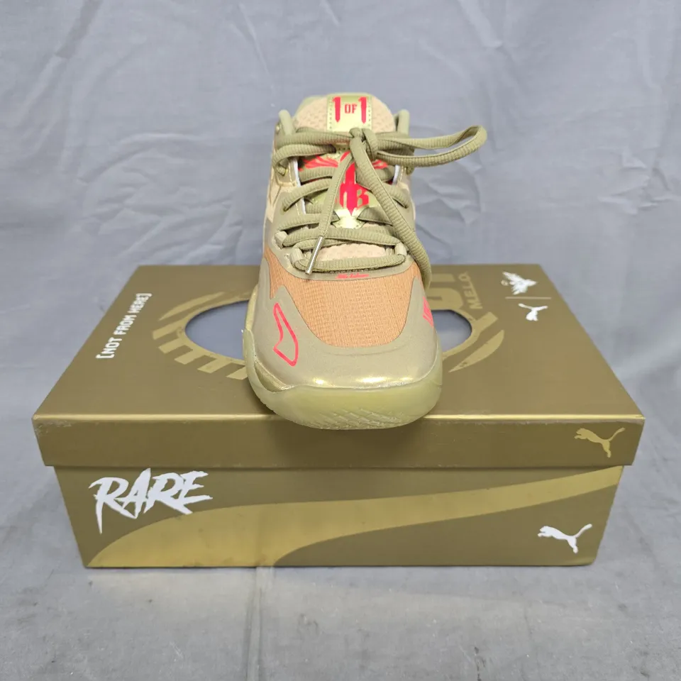 BOXED PAIR OF PUMA MB.01 GOLDEN CHILD SHOES IN METALLIC GOLD SIZE UK 4