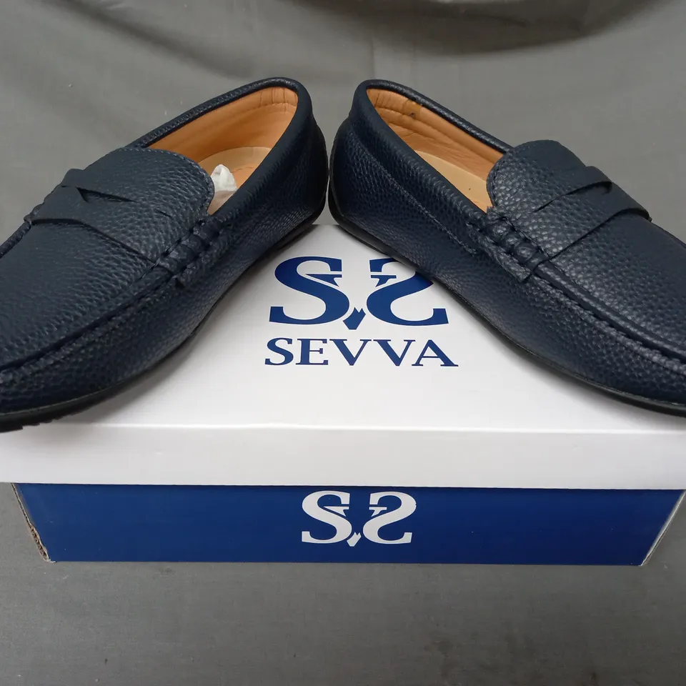 BOXED PAIR OF SEVVA LOAFERS IN NAVY UK SIZE 1