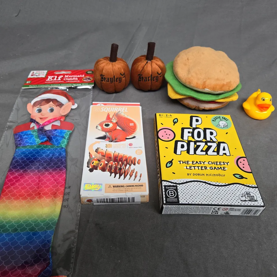 BOX OF APPROX 12 ASSORTED TOYS TO INCLUDE - P FOR PIZZA , ELF , SQUIRREL CARDBOARD MODEL KIT ETC