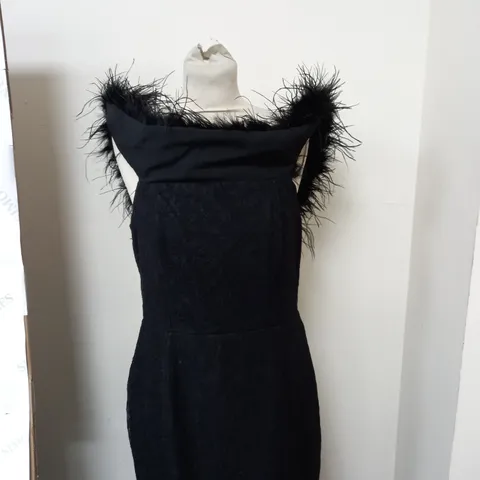 CLUB LONDON BARDOT FEATHER FISHTAIL MAXI DRESS IN BLACK SIZE 12