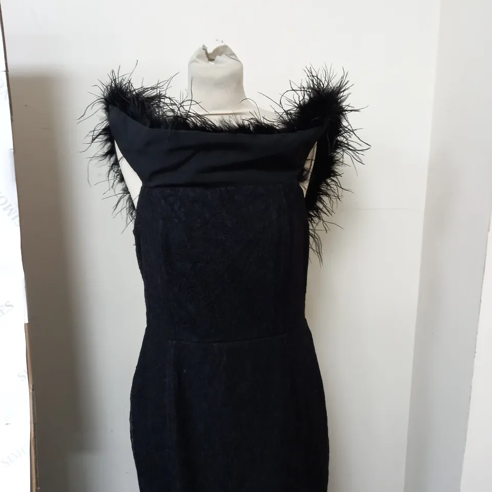 CLUB LONDON BARDOT FEATHER FISHTAIL MAXI DRESS IN BLACK SIZE 12 