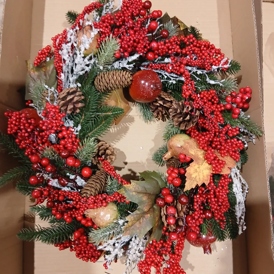 TWO GISELA GRAHAM CHRISTMAS WREATH WITH RED BERRIES, PINE CONES AND FROSTED GREENERY