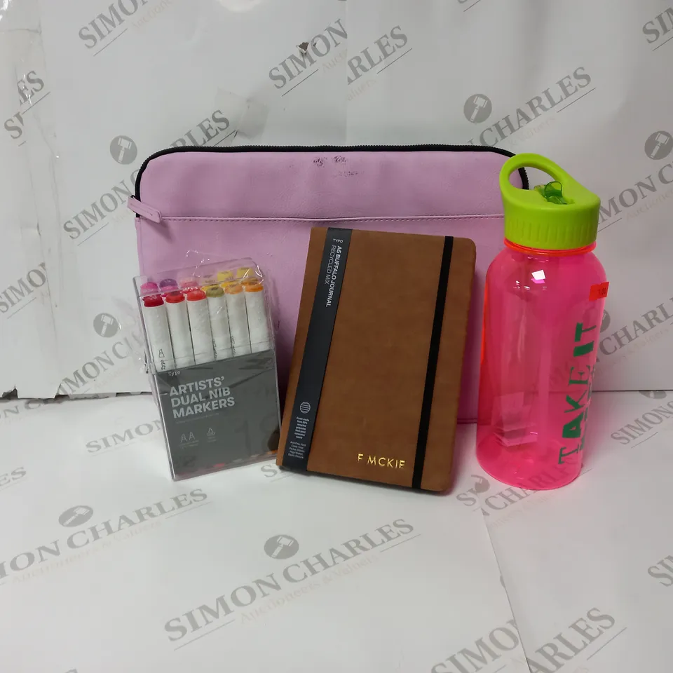 APPROXIMATELY 14 ASSORTED ITEMS TO INCLUDE LAPTOP BAG, 18 PACK DUAL NIB MARKERS, A5 JOURNAL, PLASTIC WATER BOTTLE ETC. 