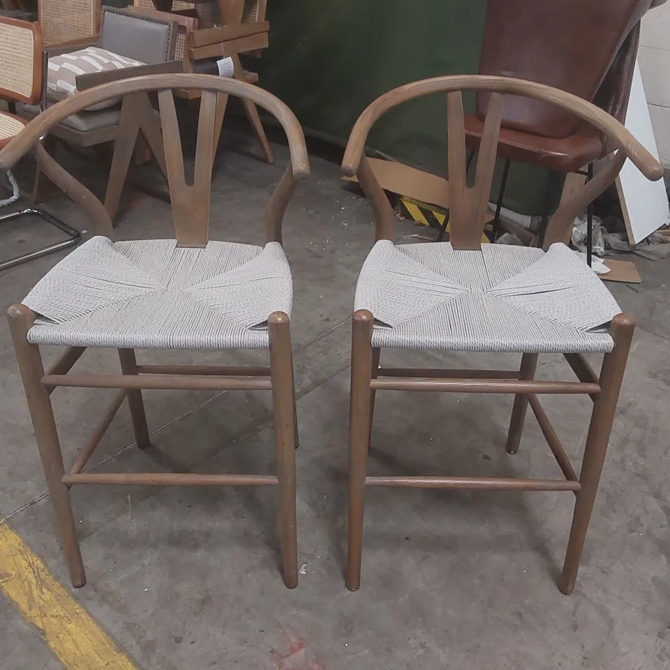 PAIR OF ICONIC SCANDI SILHOUETTE | WEATHERED ELM SOLID WITH WOVEN SEAT | 66CM COUNTER STOOLS