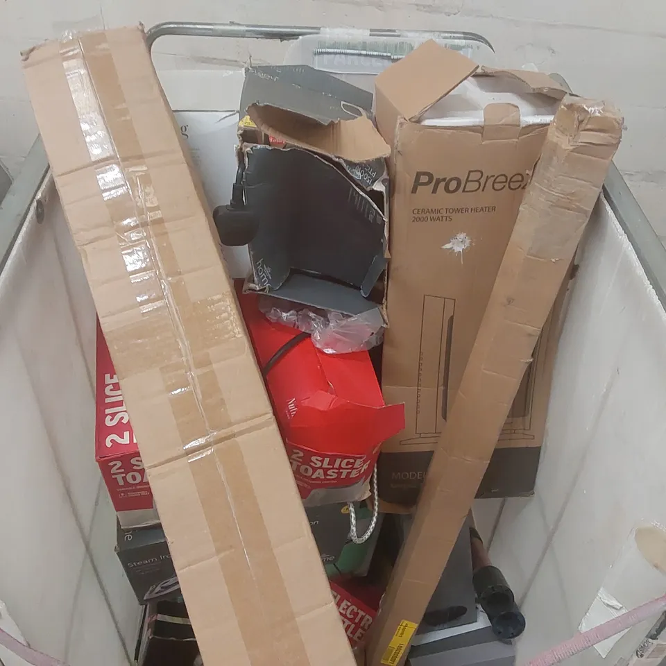 CAGE CONTAINING A LARGE QUANTITY OF ASSORTED ITEMS INCLUDING: MORPHY RICHARDS TOASTER, STEAM IRONS, SANDWICH TOASTER, CERAMIC TOWER HEATER ECT // CAGE NOT INCLUDED